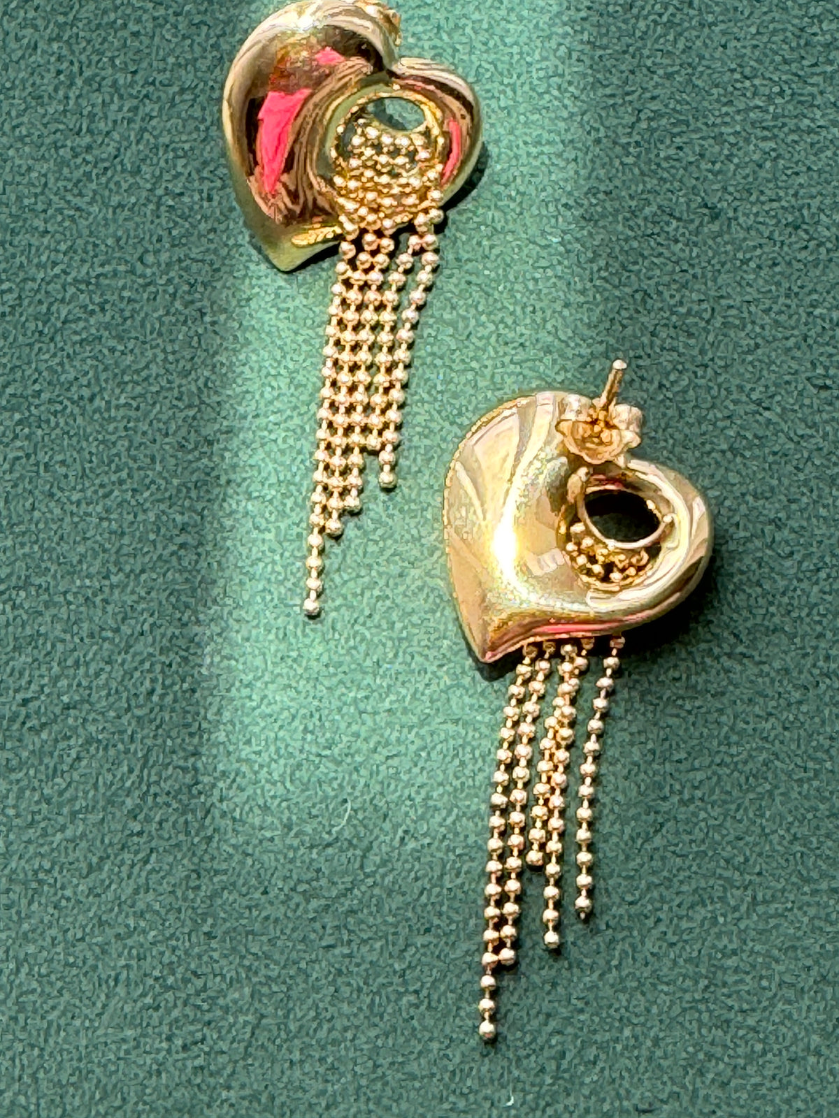 Y2K 14K Gold Puffed Heart Earrings, Beaded Waterfall Fringe Dangles