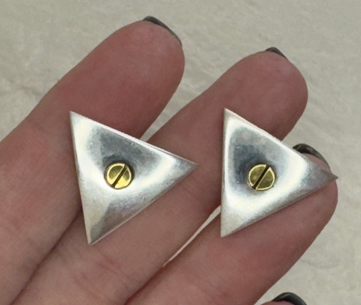 Vintage Taxco Sterling Silver Brass Triangle Screw Earrings Modernist Geometric Hallmarked