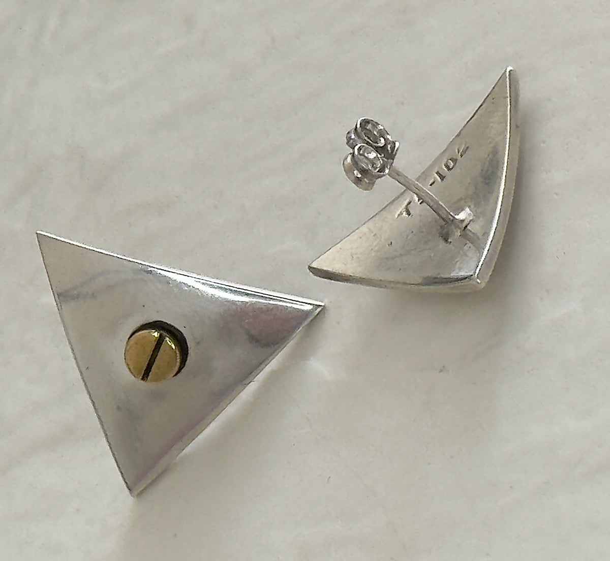 Vintage Taxco Sterling Silver Brass Triangle Screw Earrings Modernist Geometric Hallmarked