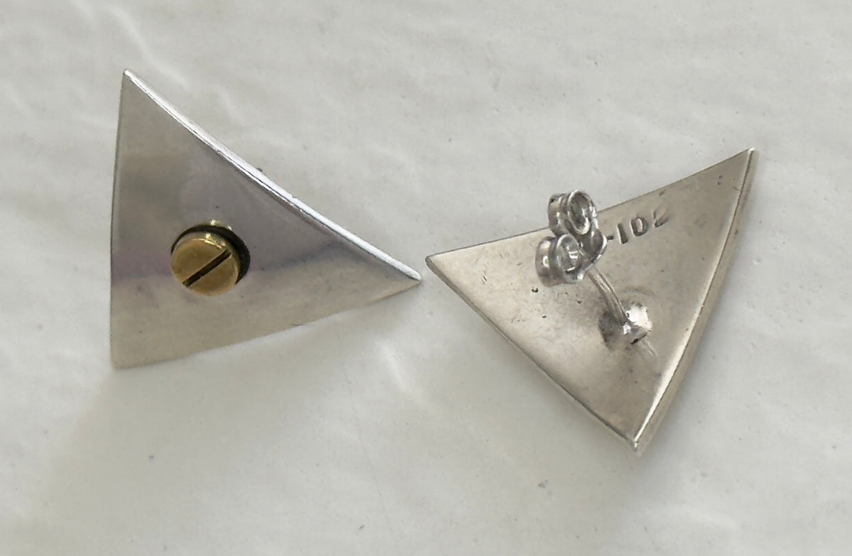 Vintage Taxco Sterling Silver Brass Triangle Screw Earrings Modernist Geometric Hallmarked