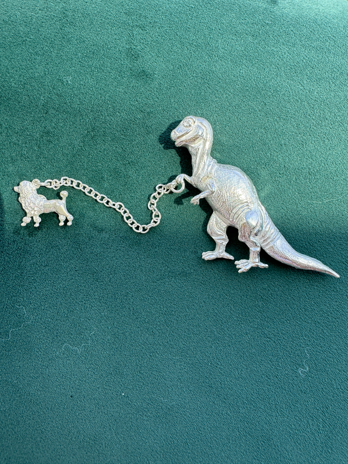 Vintage Sterling Silver T-Rex Brooch Walking a Poodle on a Chain Leash Signed Dinosaur and Dog Pin Set