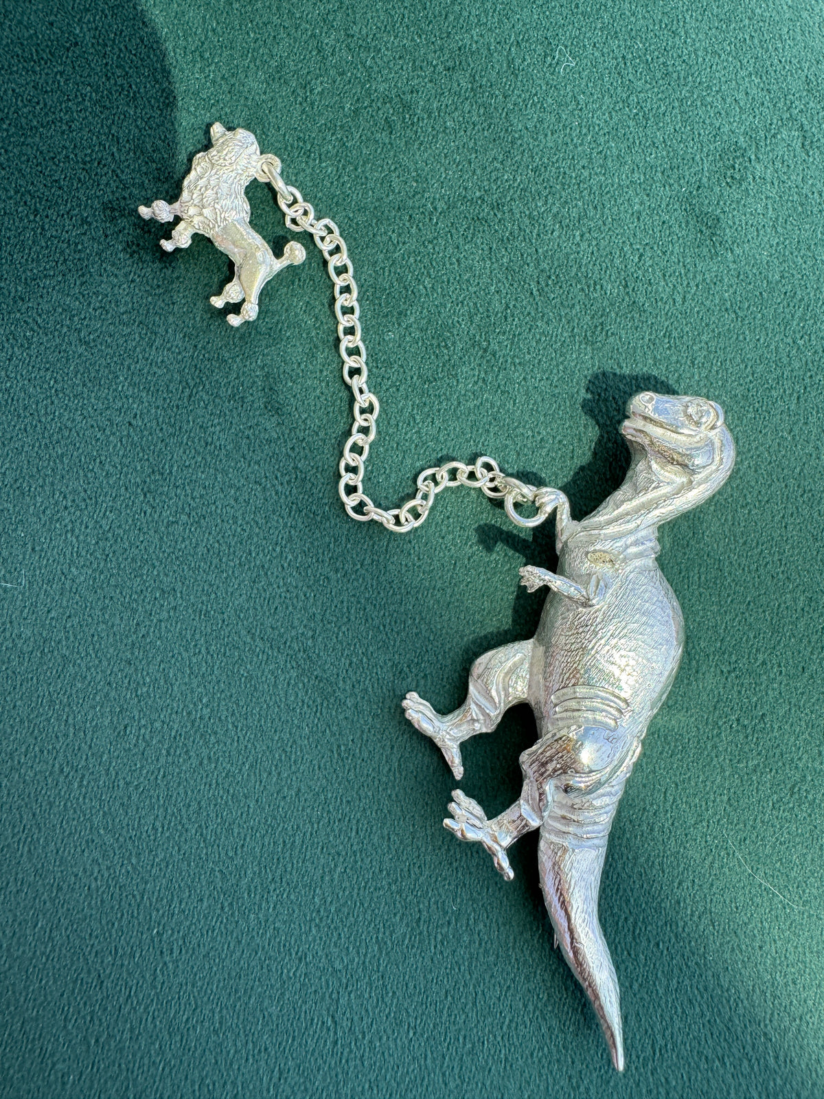 Vintage Sterling Silver T-Rex Brooch Walking a Poodle on a Chain Leash Signed Dinosaur and Dog Pin Set