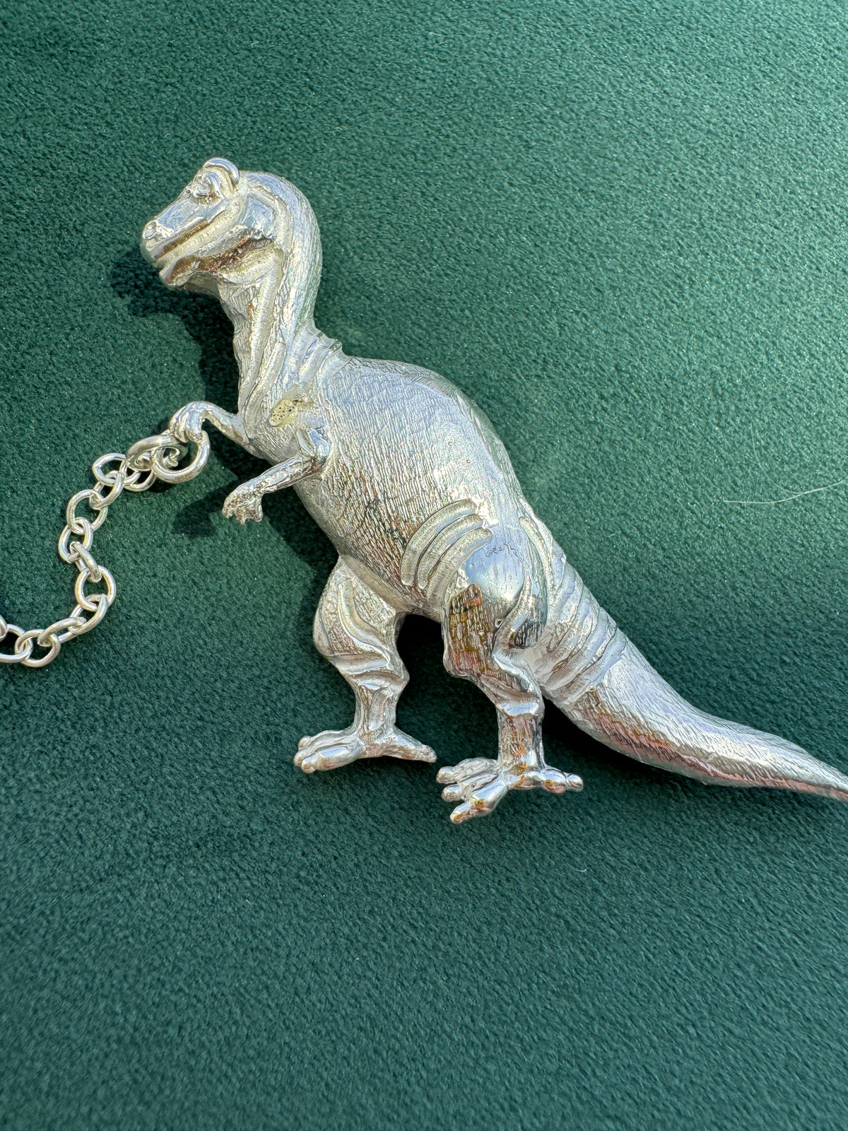 Vintage Sterling Silver T-Rex Brooch Walking a Poodle on a Chain Leash Signed Dinosaur and Dog Pin Set