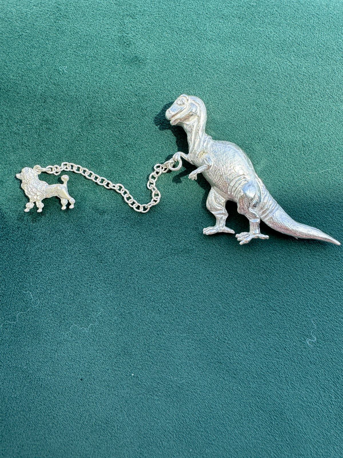 Vintage Sterling Silver T-Rex Brooch Walking a Poodle on a Chain Leash Signed Dinosaur and Dog Pin Set
