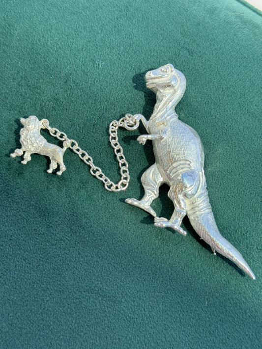 Vintage Sterling Silver T-Rex Brooch Walking a Poodle on a Chain Leash Signed Dinosaur and Dog Pin Set