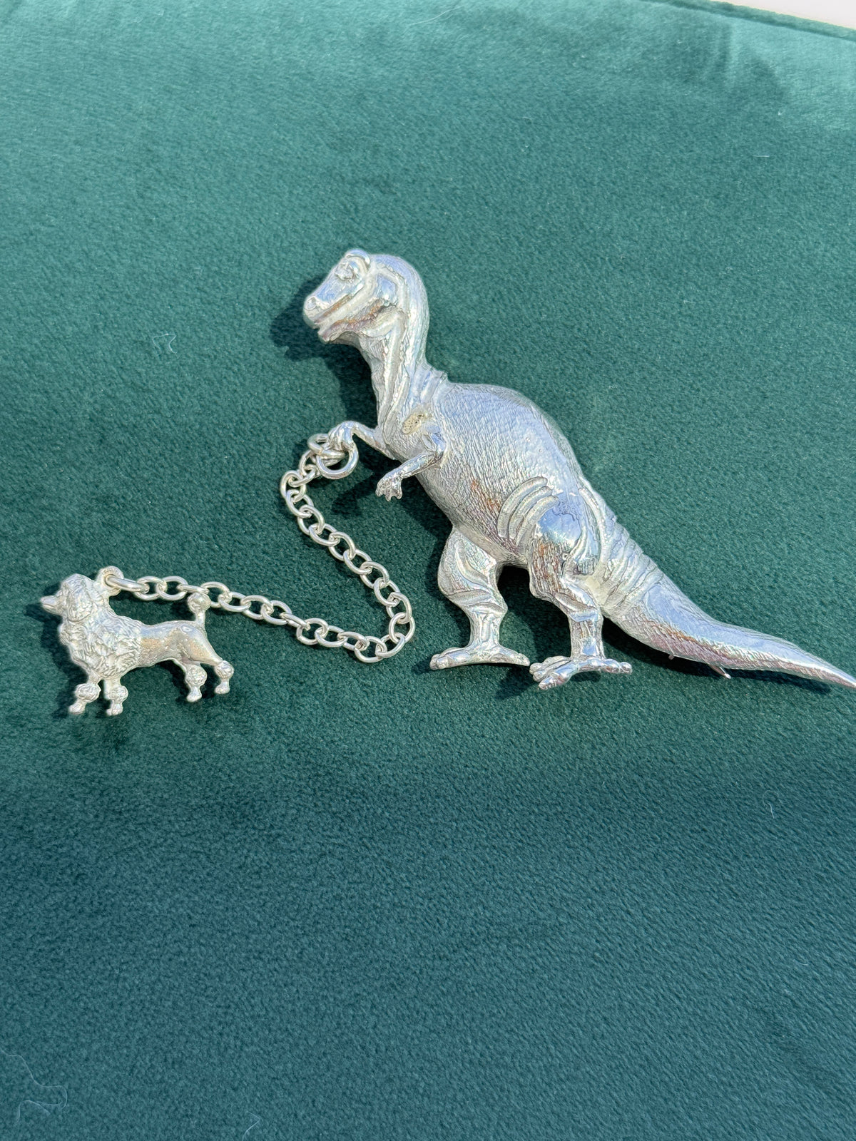 Vintage Sterling Silver T-Rex Brooch Walking a Poodle on a Chain Leash Signed Dinosaur and Dog Pin Set