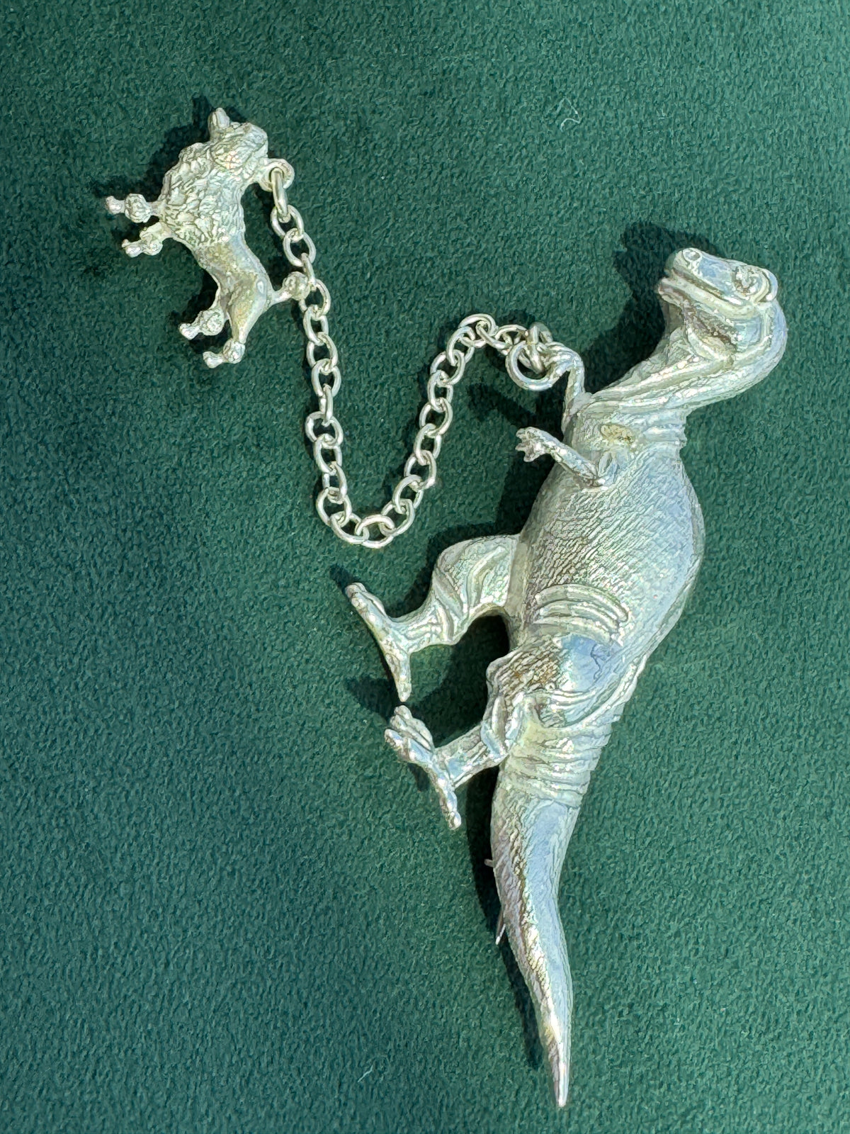 Vintage Sterling Silver T-Rex Brooch Walking a Poodle on a Chain Leash Signed Dinosaur and Dog Pin Set