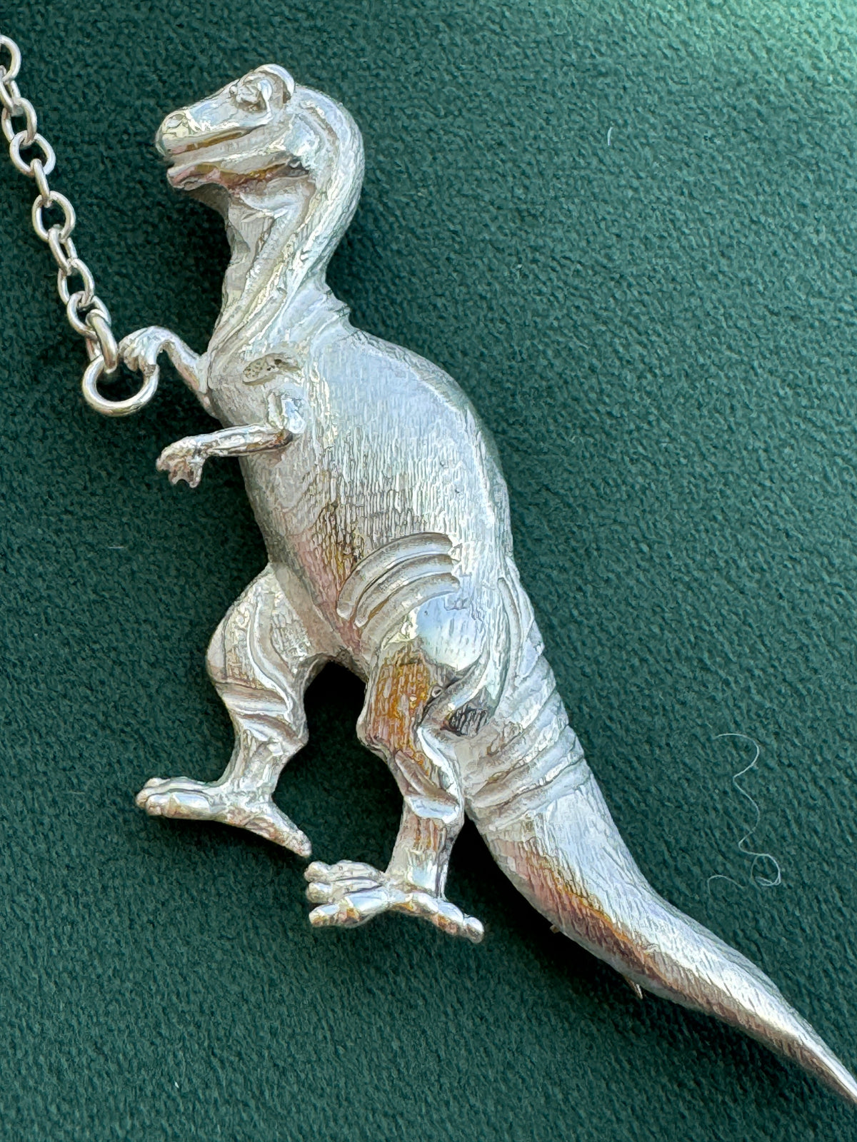 Vintage Sterling Silver T-Rex Brooch Walking a Poodle on a Chain Leash Signed Dinosaur and Dog Pin Set