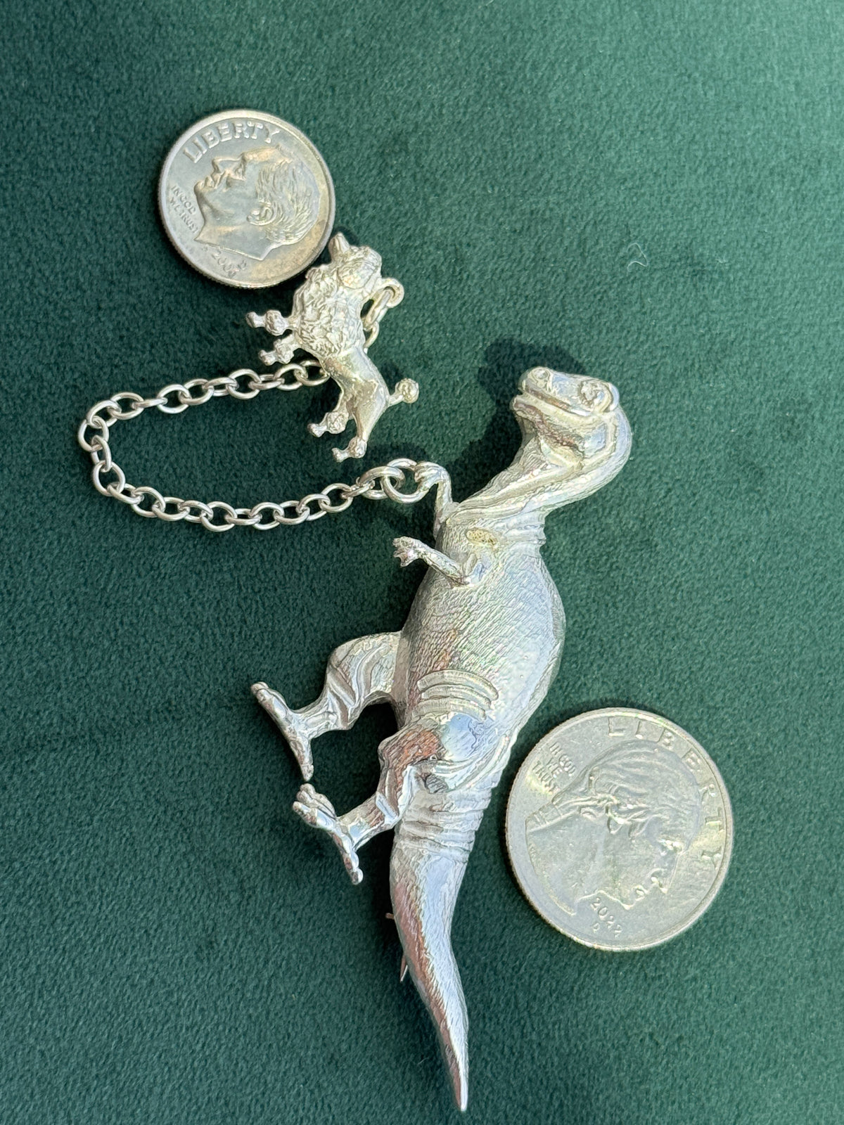 Vintage Sterling Silver T-Rex Brooch Walking a Poodle on a Chain Leash Signed Dinosaur and Dog Pin Set
