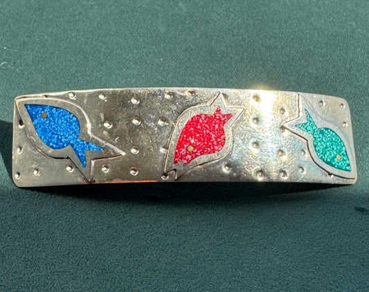 Vintage Salsa Designs Mexican Silver Fish Hair Clip Crushed Turquoise and Malachite Inlay
