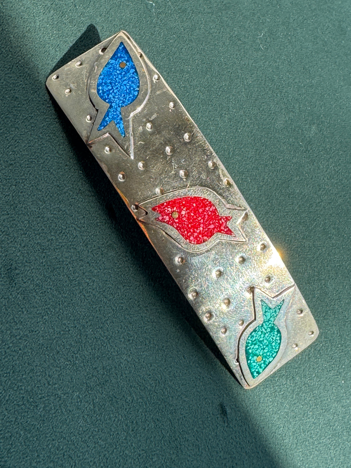 Vintage Salsa Designs Mexican Silver Fish Hair Clip Crushed Turquoise and Malachite Inlay