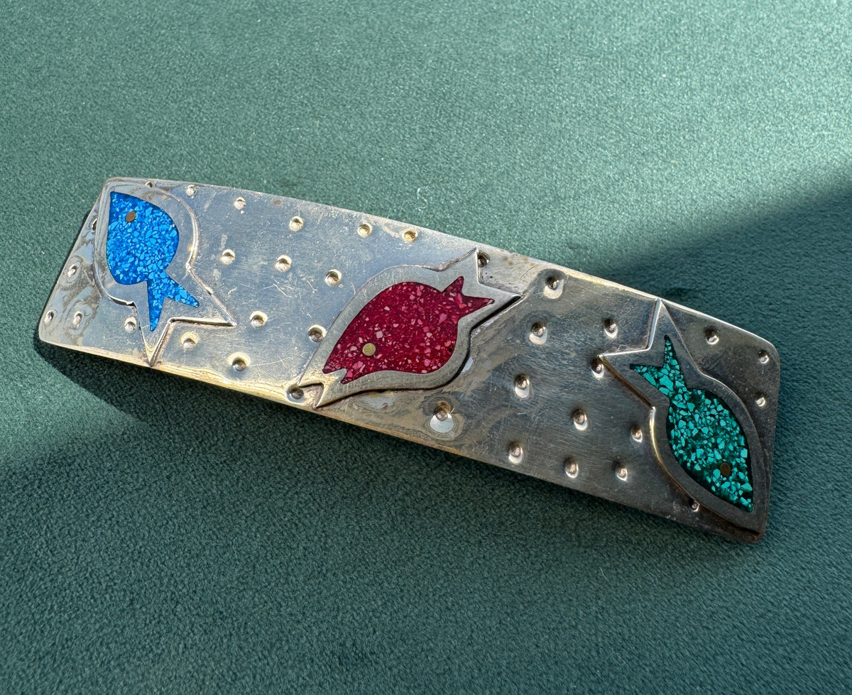 Vintage Salsa Designs Mexican Silver Fish Hair Clip Crushed Turquoise and Malachite Inlay
