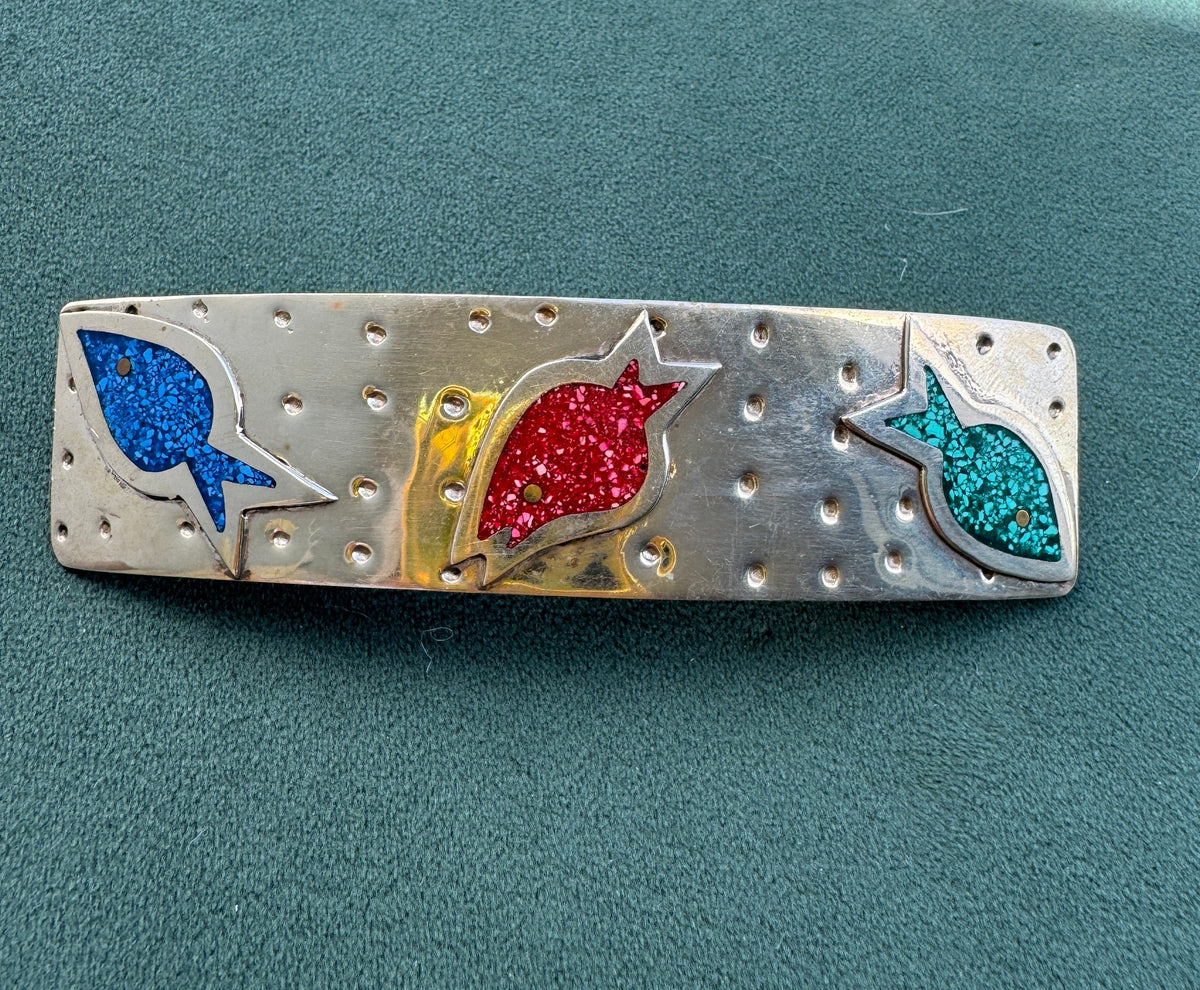Vintage Salsa Designs Mexican Silver Fish Hair Clip Crushed Turquoise and Malachite Inlay