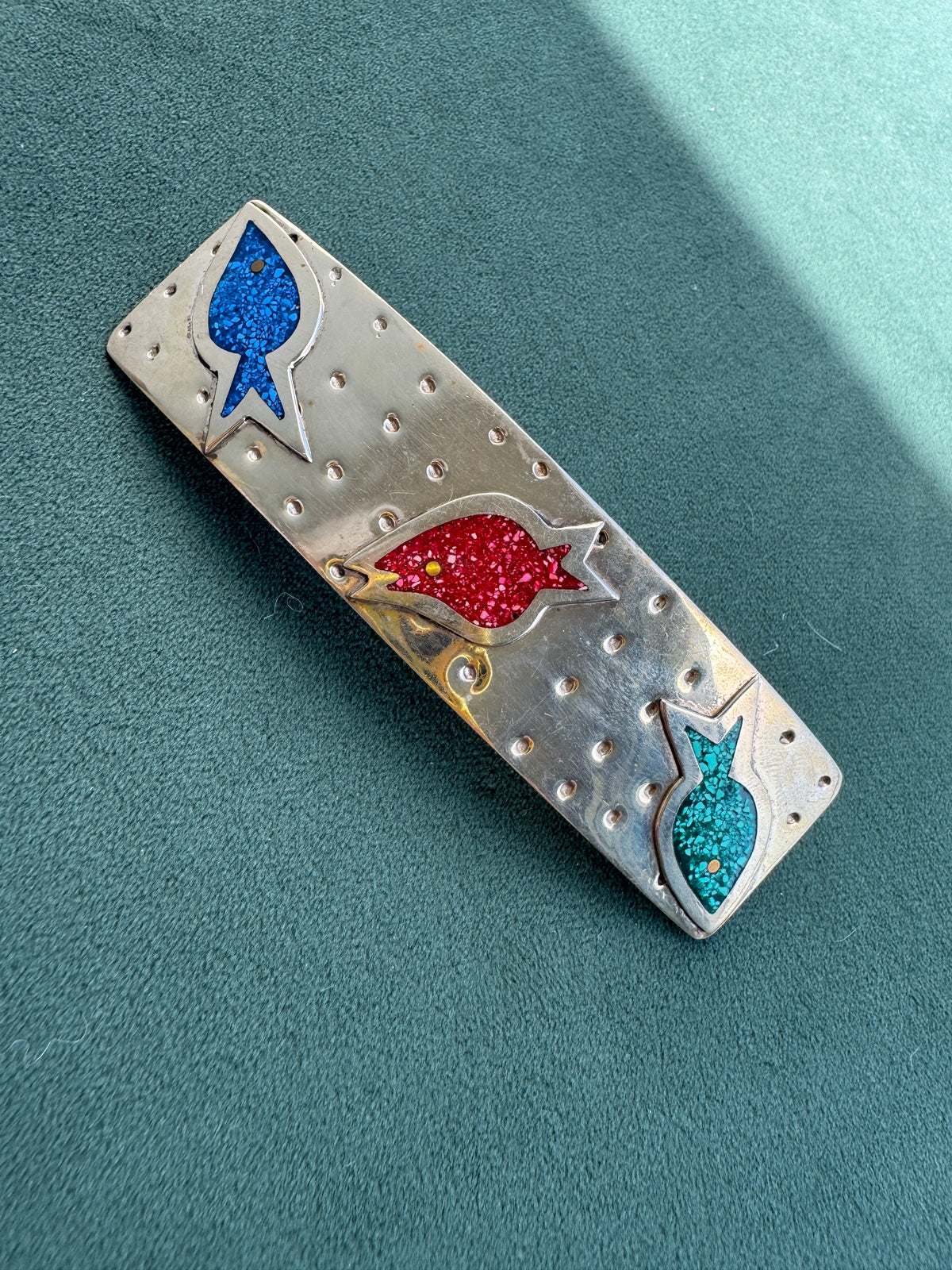 Vintage Salsa Designs Mexican Silver Fish Hair Clip Crushed Turquoise and Malachite Inlay