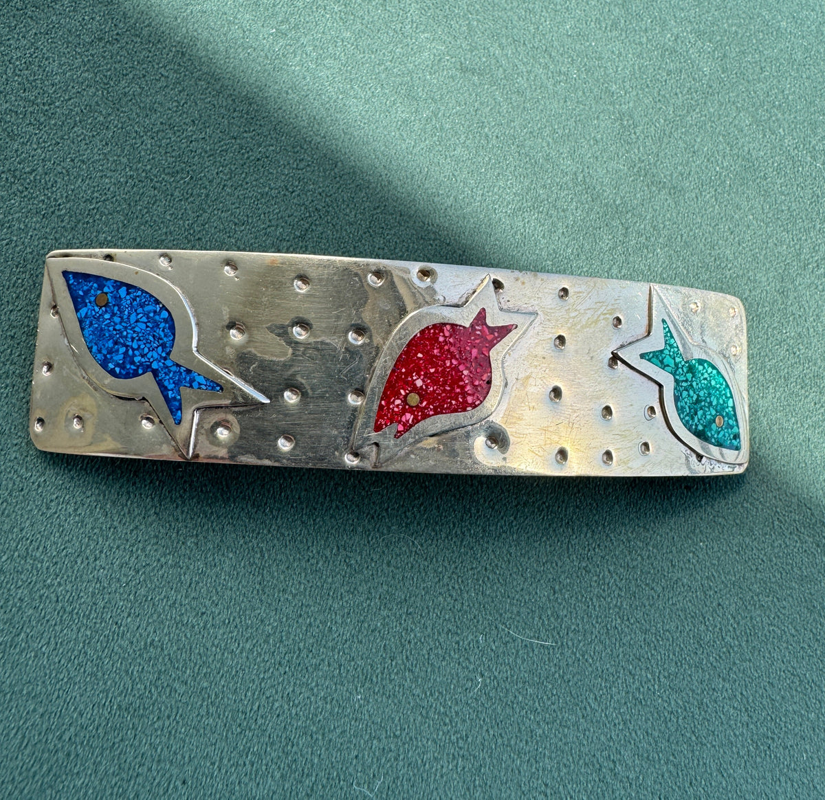Vintage Salsa Designs Mexican Silver Fish Hair Clip Crushed Turquoise and Malachite Inlay