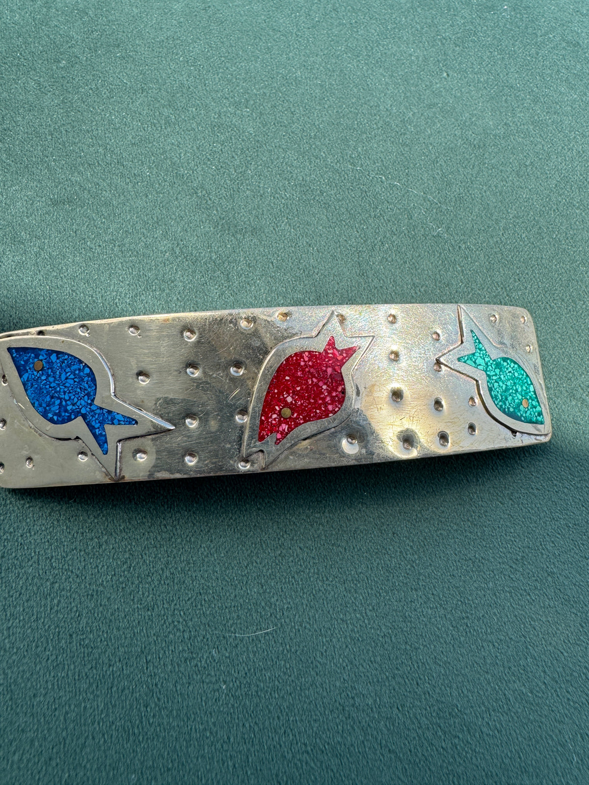 Vintage Salsa Designs Mexican Silver Fish Hair Clip Crushed Turquoise and Malachite Inlay