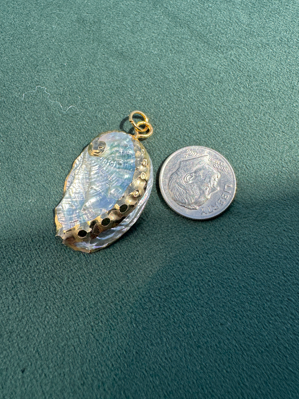 Vintage Gold Trimmed Genuine Abalone Shell Pendant Iridescent Blue and Green Natural Statement Piece