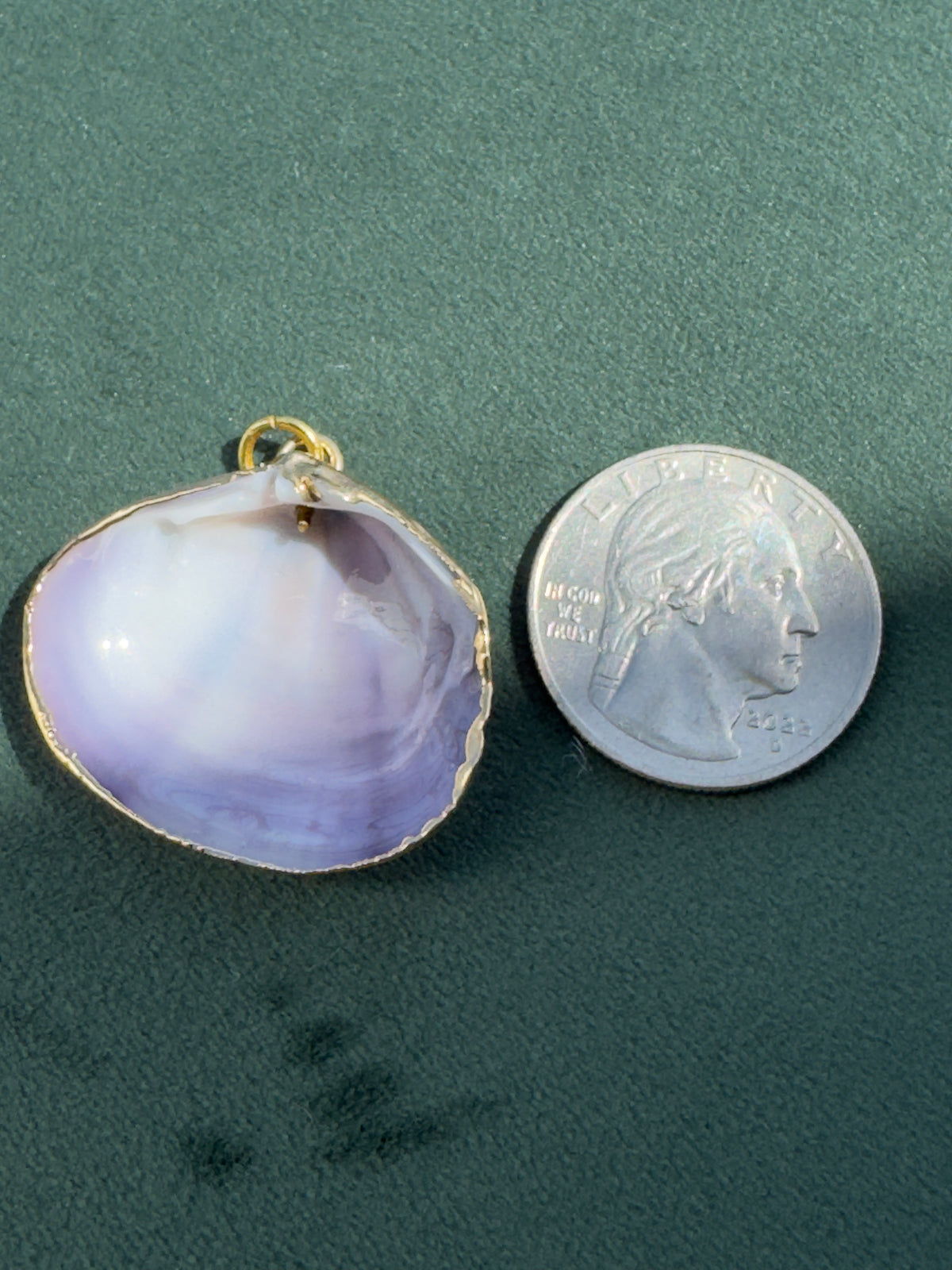 Vintage Gold Trimmed Genuine Quahog Shell Pendant Deep Lavender Natural Banding Beach Jewelry