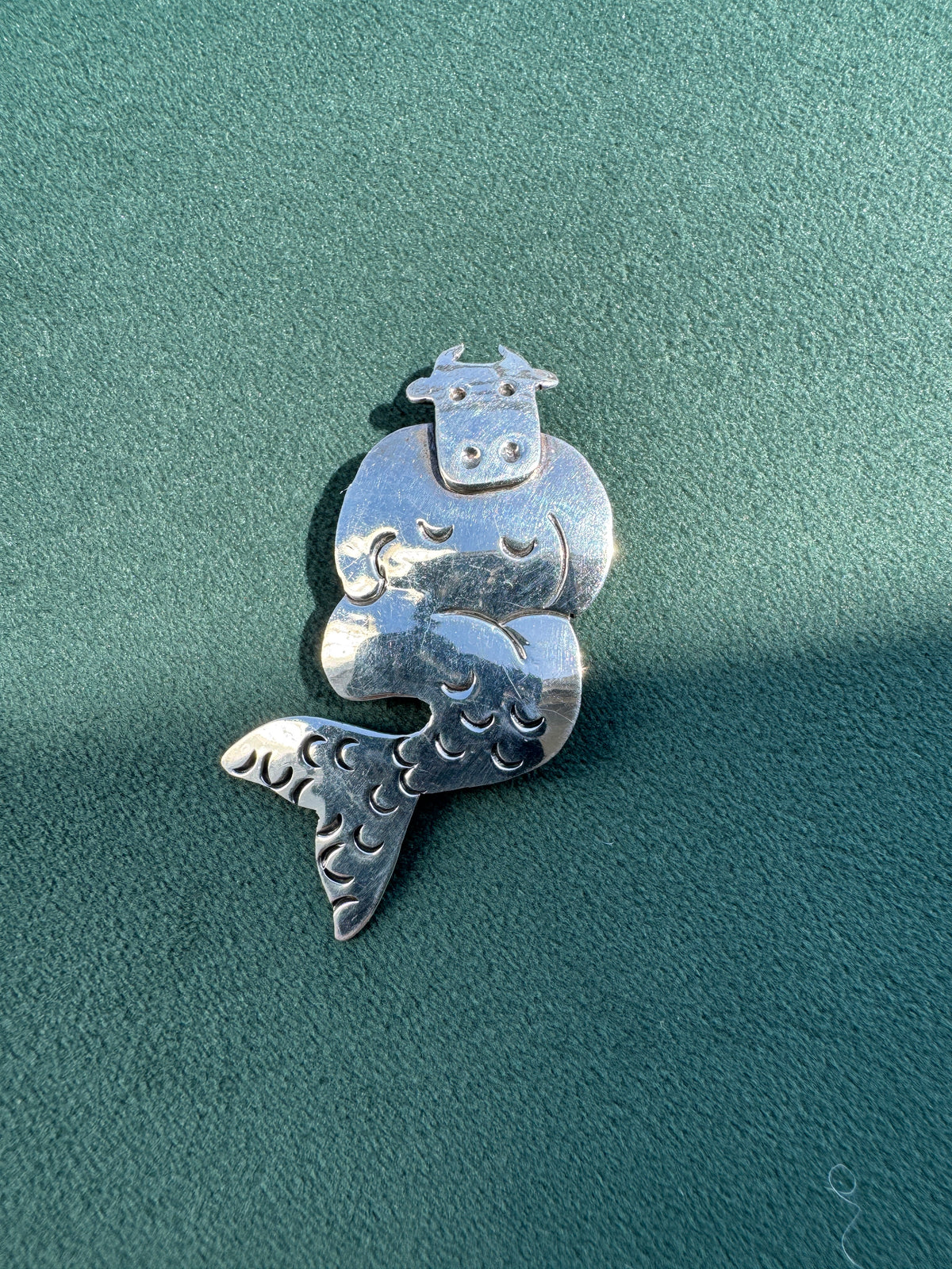 Vintage 1990s Sterling Silver Far Fetched Cow Mermaid Brooch Signed Modernist Figural Pin