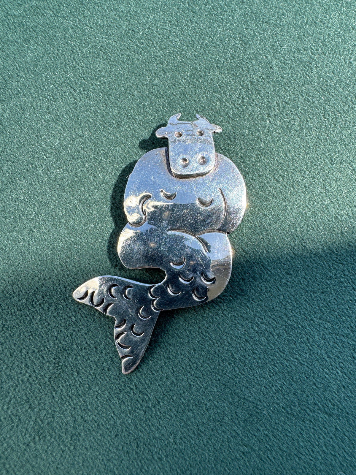 Vintage 1990s Sterling Silver Far Fetched Cow Mermaid Brooch Signed Modernist Figural Pin