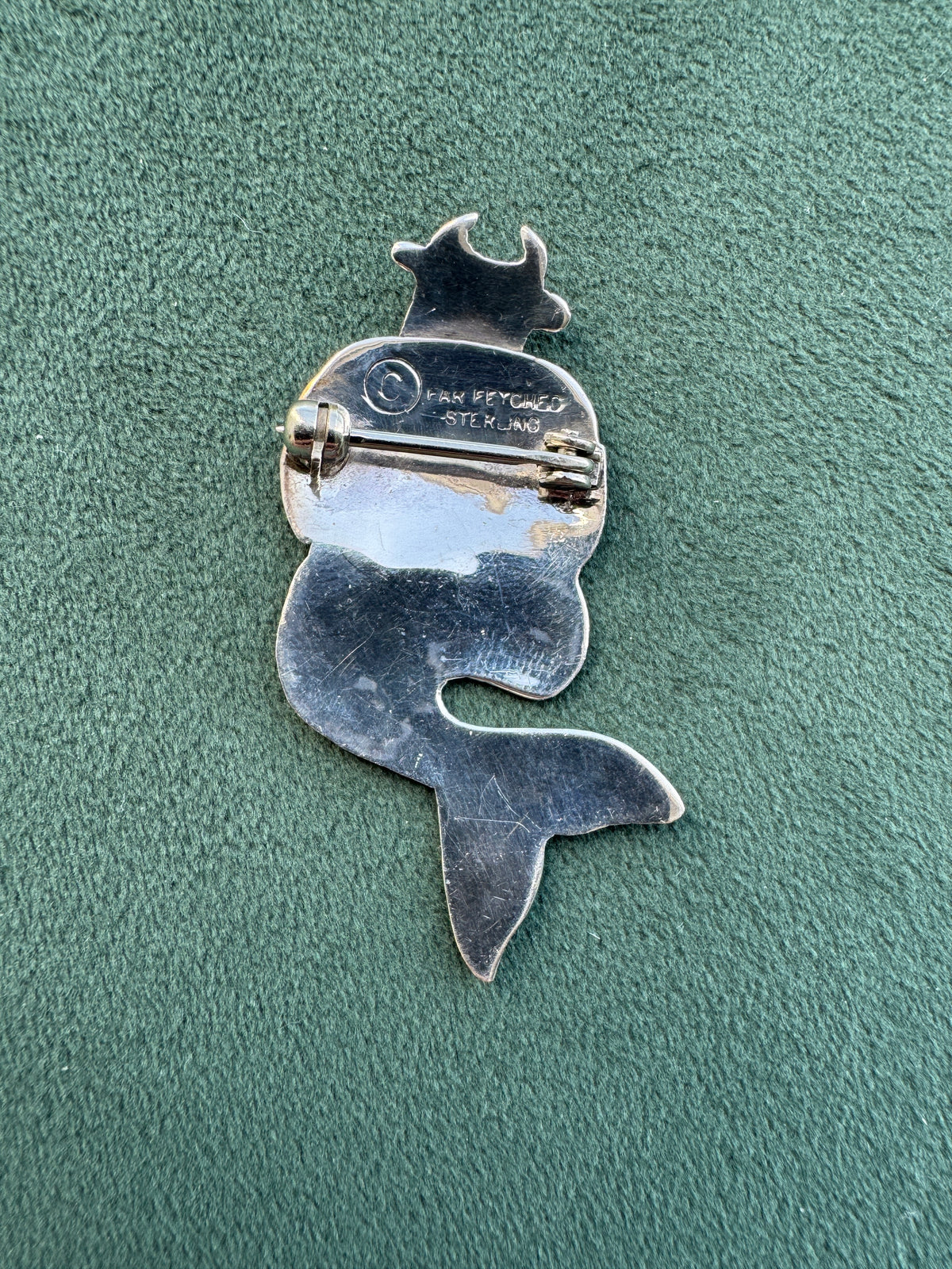 Vintage 1990s Sterling Silver Far Fetched Cow Mermaid Brooch Signed Modernist Figural Pin