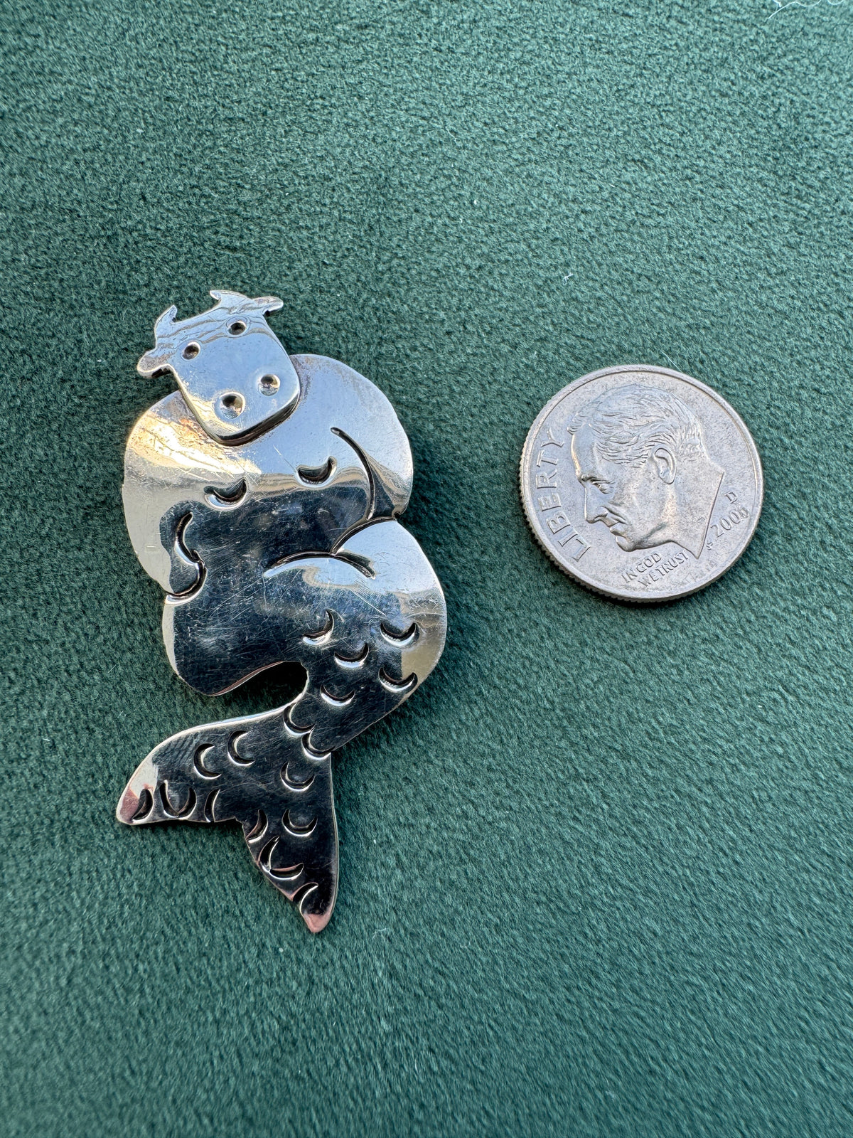 Vintage 1990s Sterling Silver Far Fetched Cow Mermaid Brooch Signed Modernist Figural Pin