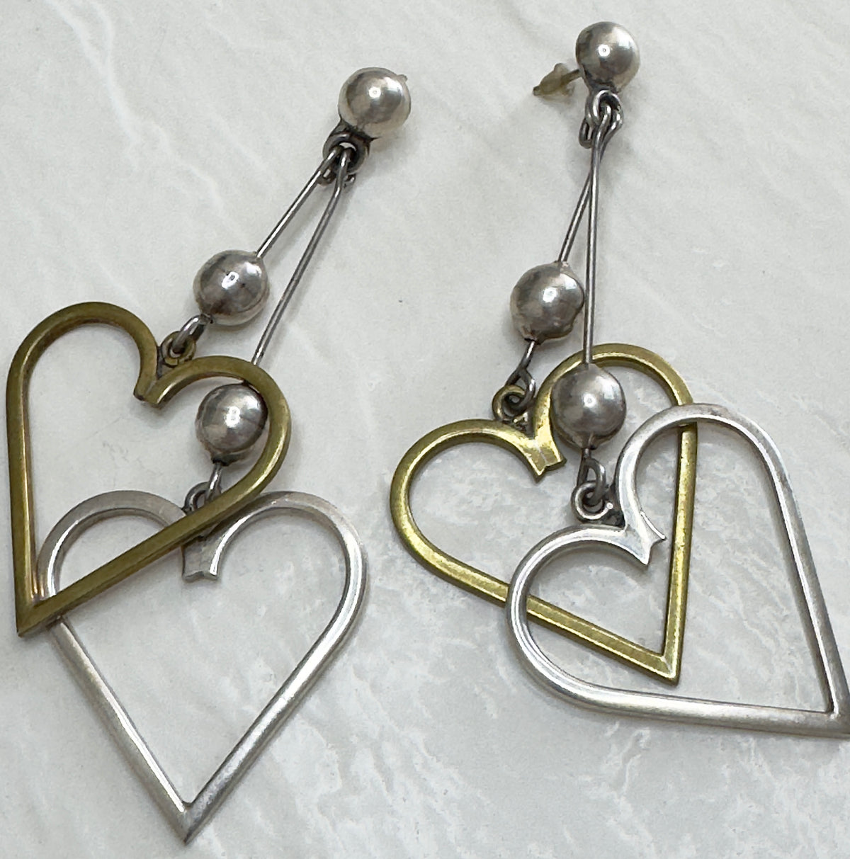 Vintage Sterling Silver Taxco Mexico Heart Dangle Earrings Y2K Modernist Statement