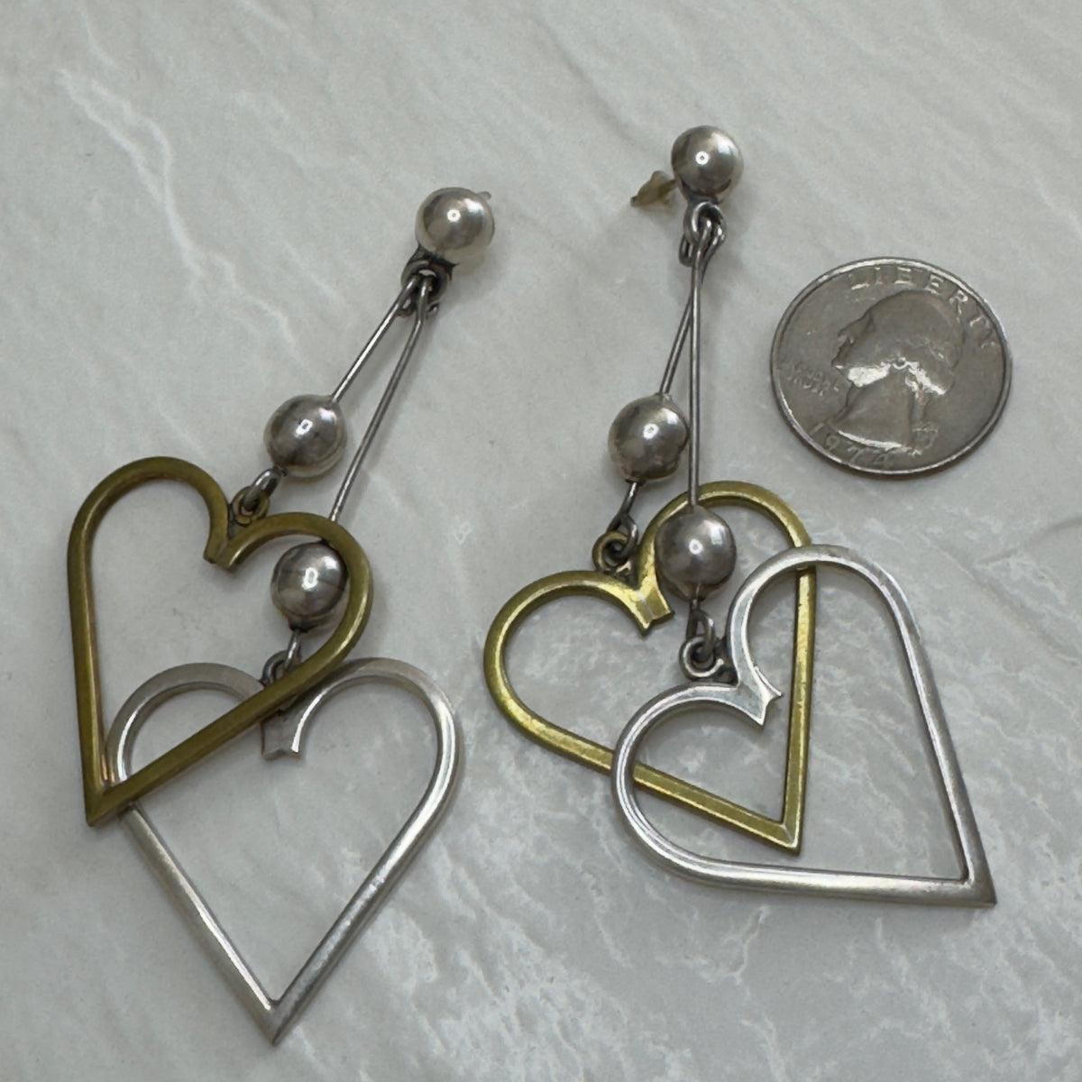 Vintage Sterling Silver Taxco Mexico Heart Dangle Earrings Y2K Modernist Statement