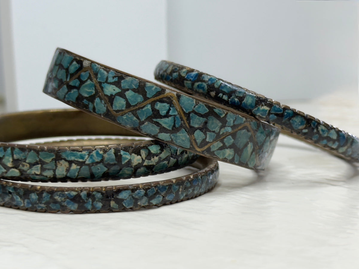 Vintage 1950s Indian Turquoise Mosaic Inlay Brass Bangle Bracelet Set Mid-Century