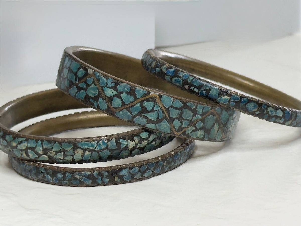 Vintage 1950s Indian Turquoise Mosaic Inlay Brass Bangle Bracelet Set Mid-Century