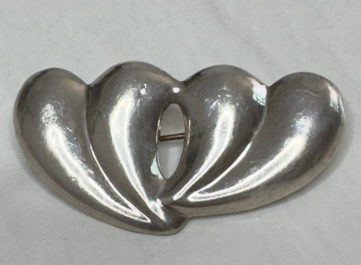 Sterling Silver Double Hearts Brooch - Mexican 925 Silver Pin Romantic Jewelry