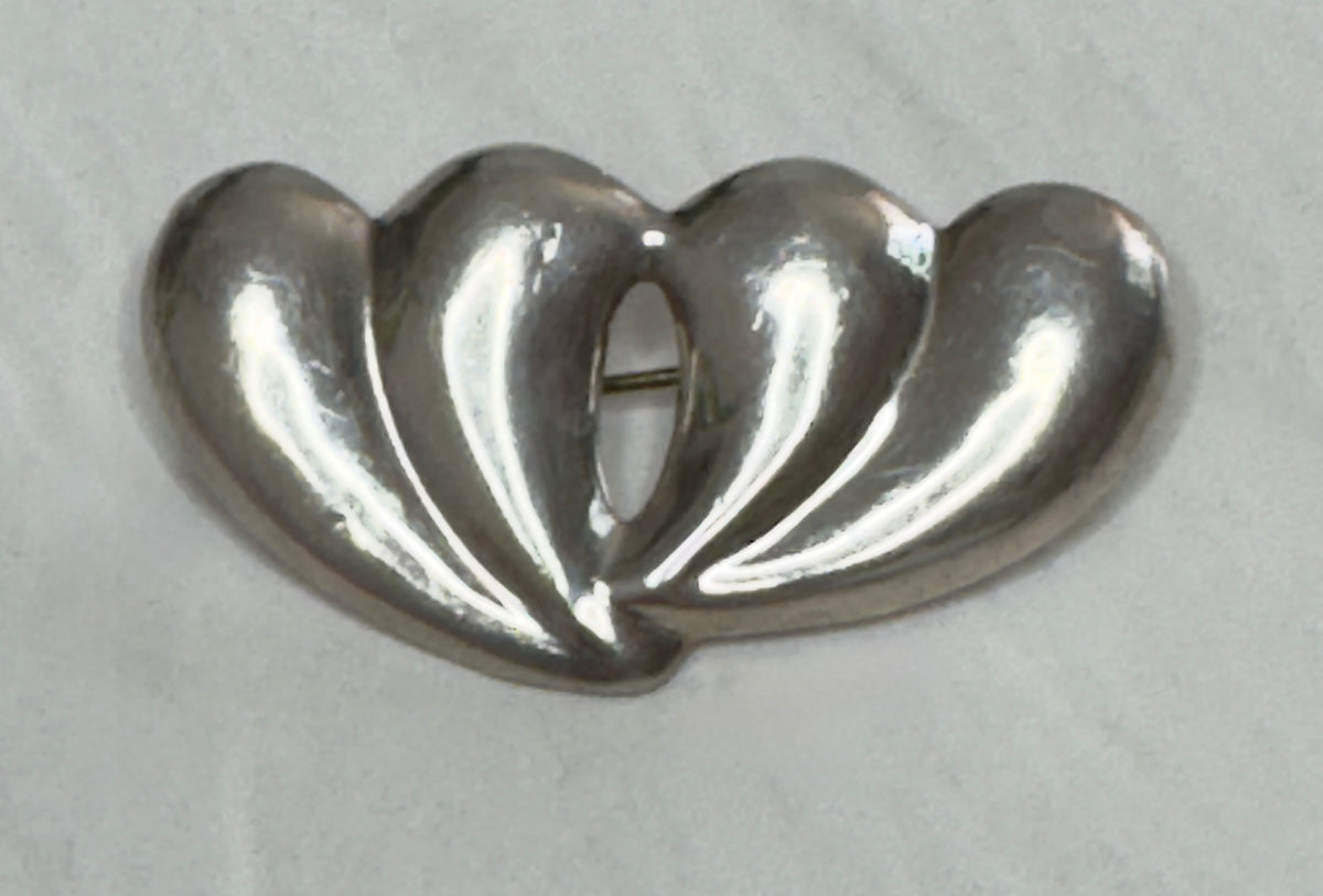 Sterling Silver Double Hearts Brooch - Mexican 925 Silver Pin Romantic Jewelry