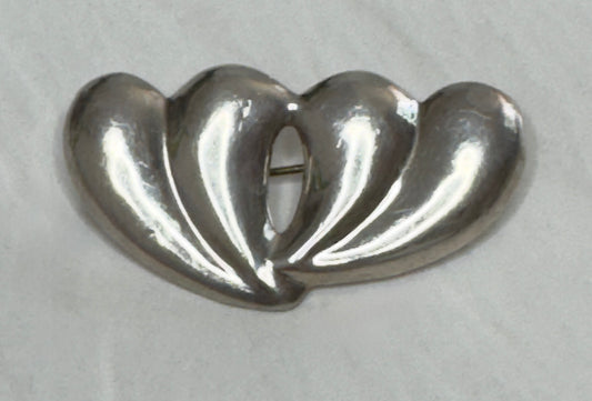 Sterling Silver Double Hearts Brooch - Mexican 925 Silver Pin Romantic Jewelry