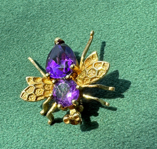 Vintage 10K Gold Amethyst Fly Brooch and Pendant