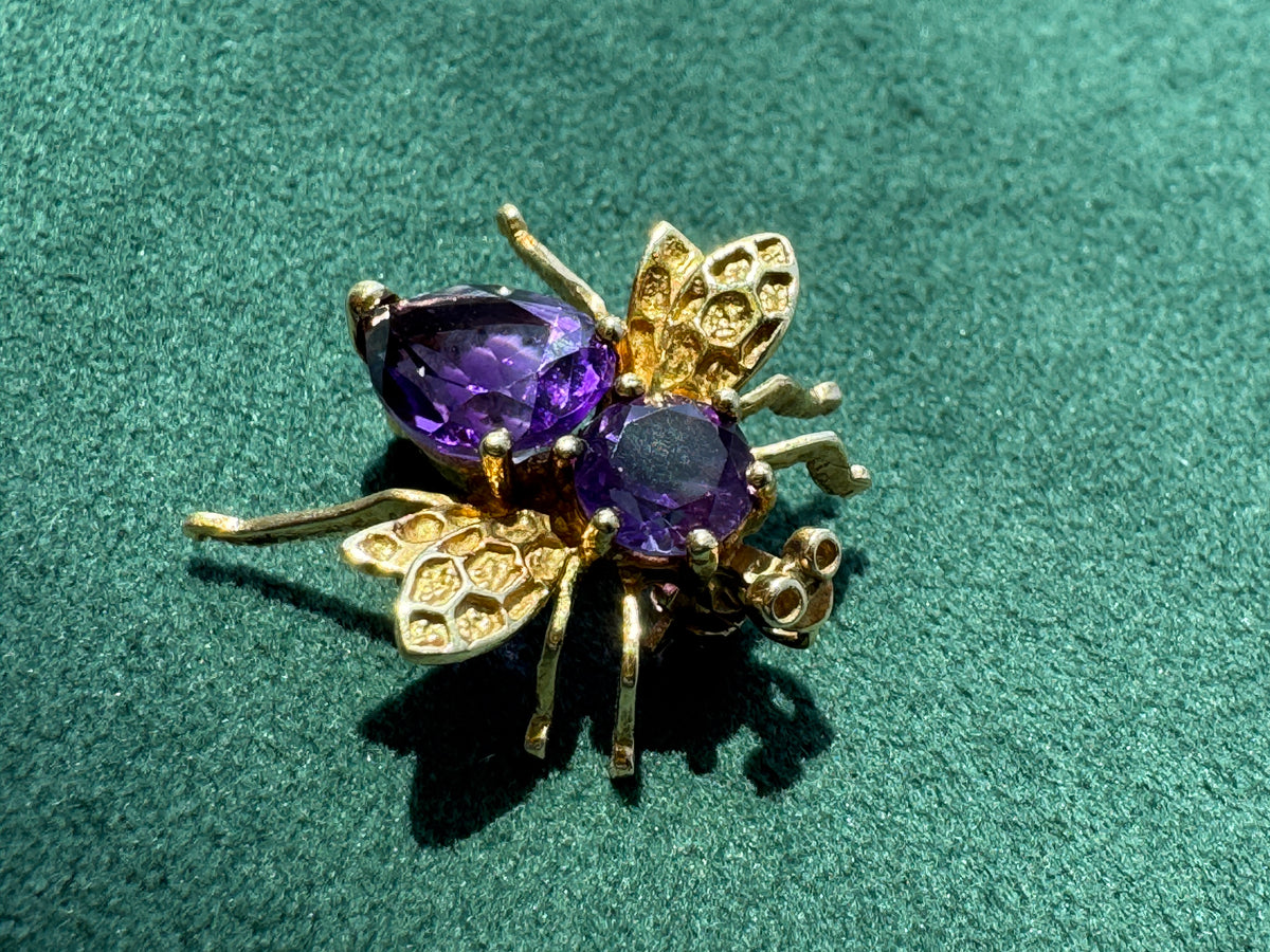 Vintage 10K Gold Amethyst Fly Brooch and Pendant