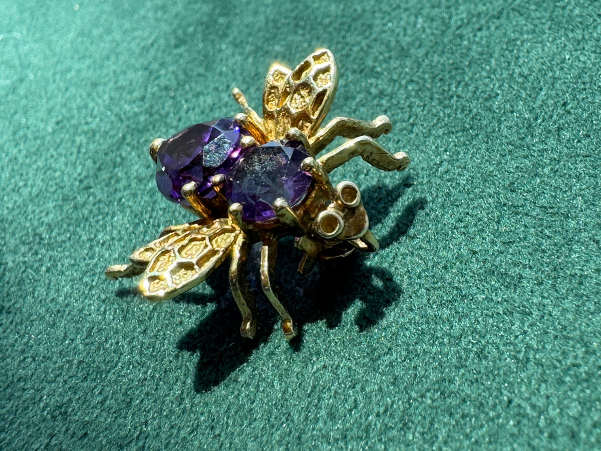 Vintage 10K Gold Amethyst Fly Brooch and Pendant
