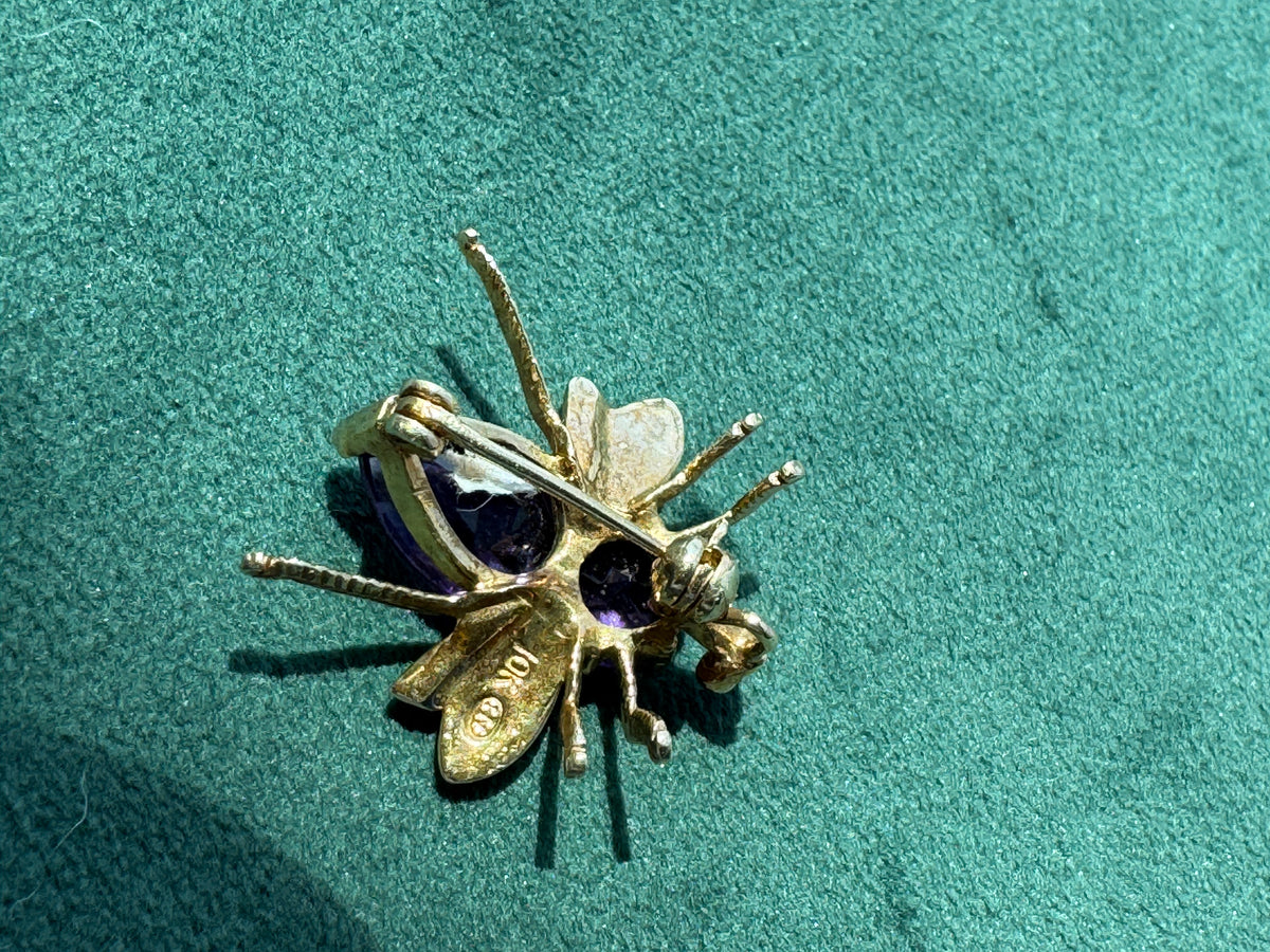 Vintage 10K Gold Amethyst Fly Brooch and Pendant