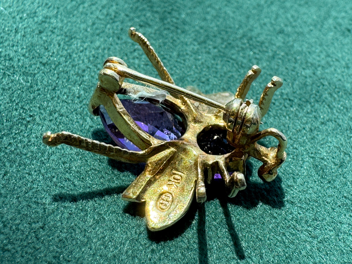 Vintage 10K Gold Amethyst Fly Brooch and Pendant