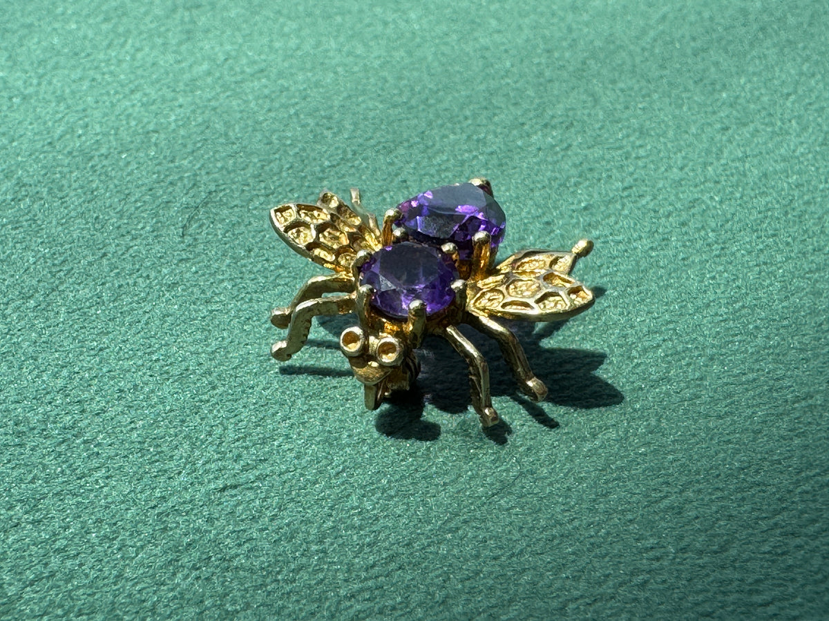 Vintage 10K Gold Amethyst Fly Brooch and Pendant