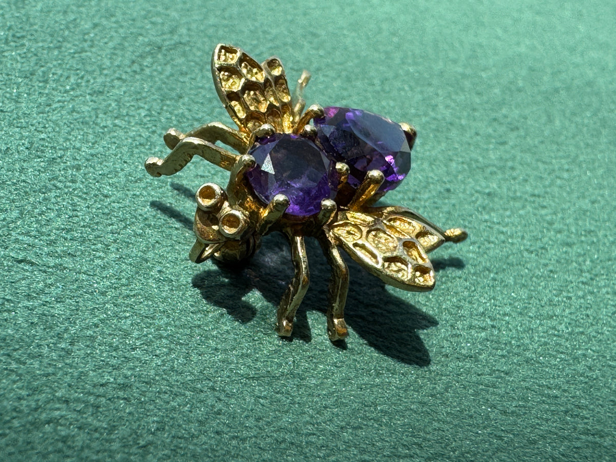 Vintage 10K Gold Amethyst Fly Brooch and Pendant