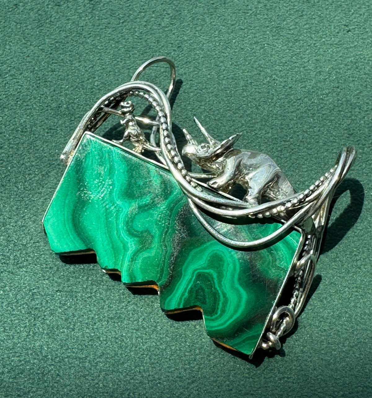 Vintage Sterling Silver Great Falls Metal Works Triceratops Malachite Brooch & Pendant