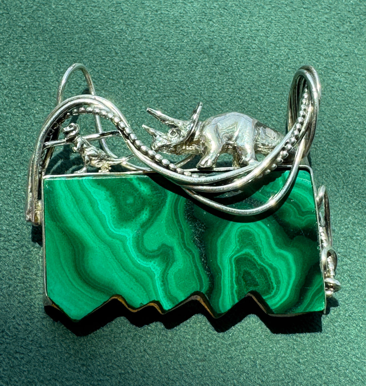 Vintage Sterling Silver Great Falls Metal Works Triceratops Malachite Brooch & Pendant