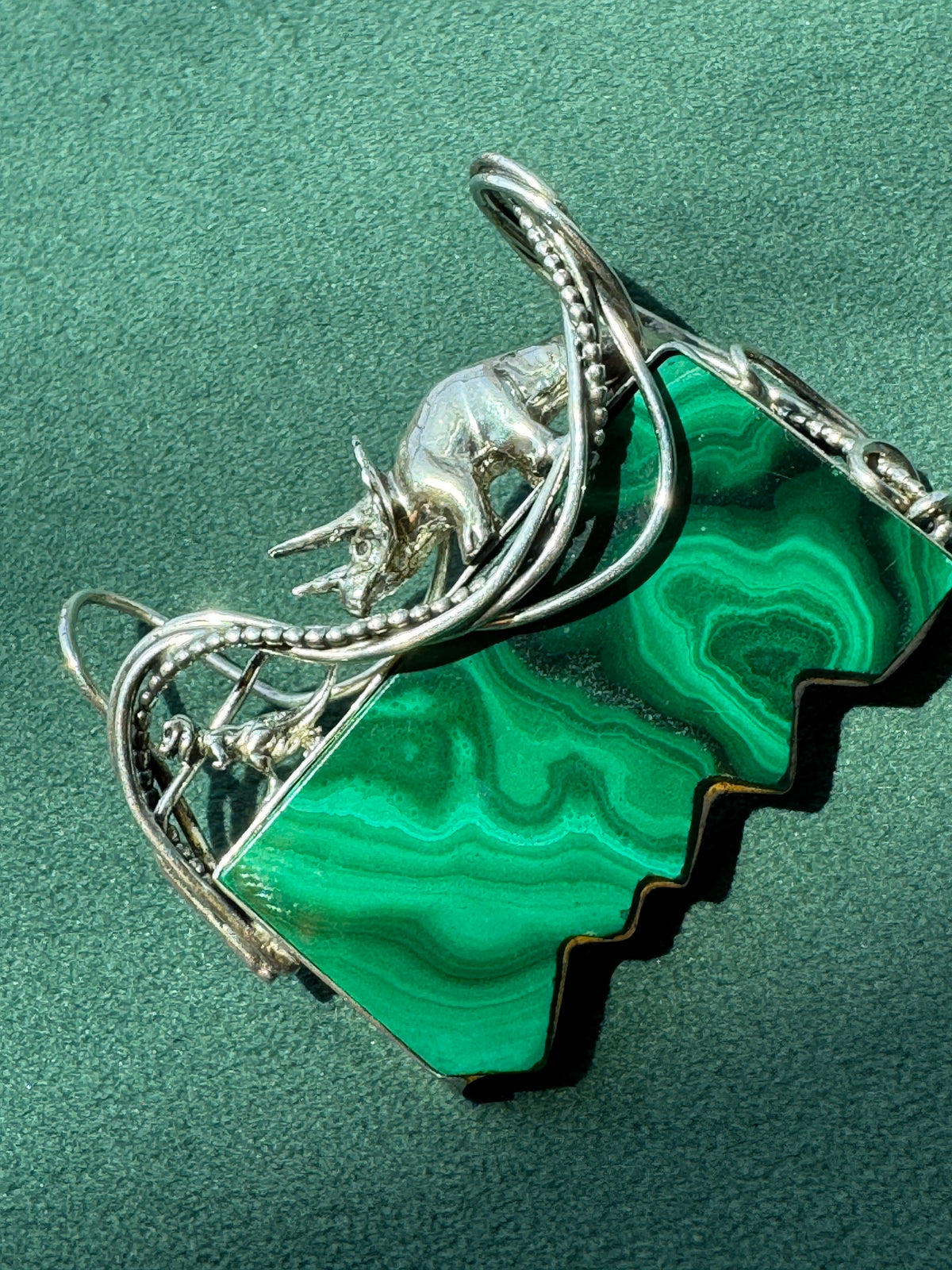 Vintage Sterling Silver Great Falls Metal Works Triceratops Malachite Brooch & Pendant