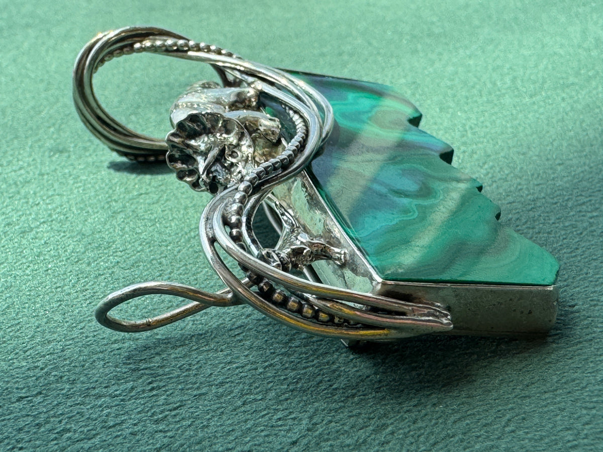 Vintage Sterling Silver Great Falls Metal Works Triceratops Malachite Brooch & Pendant
