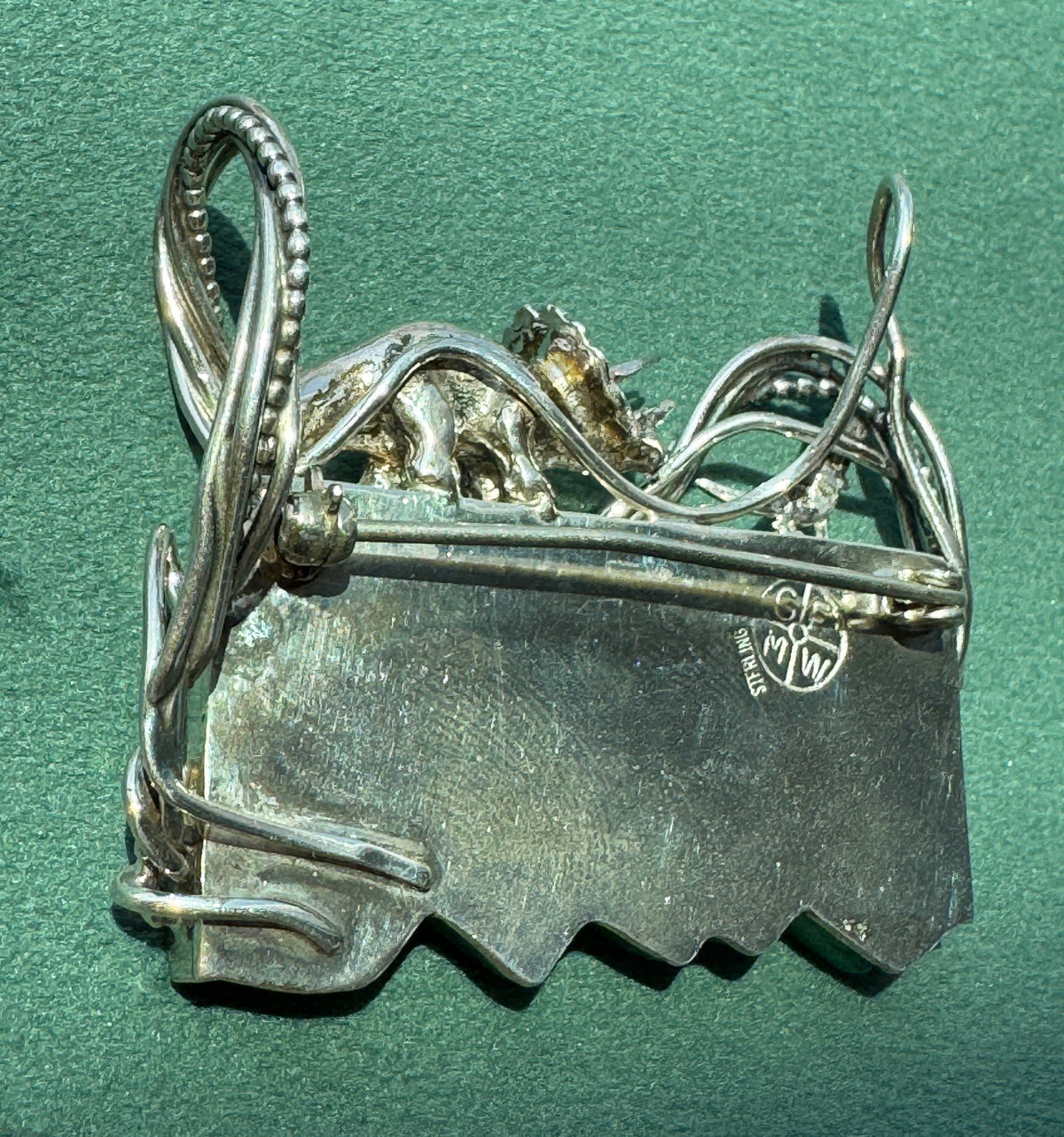 Vintage Sterling Silver Great Falls Metal Works Triceratops Malachite Brooch & Pendant