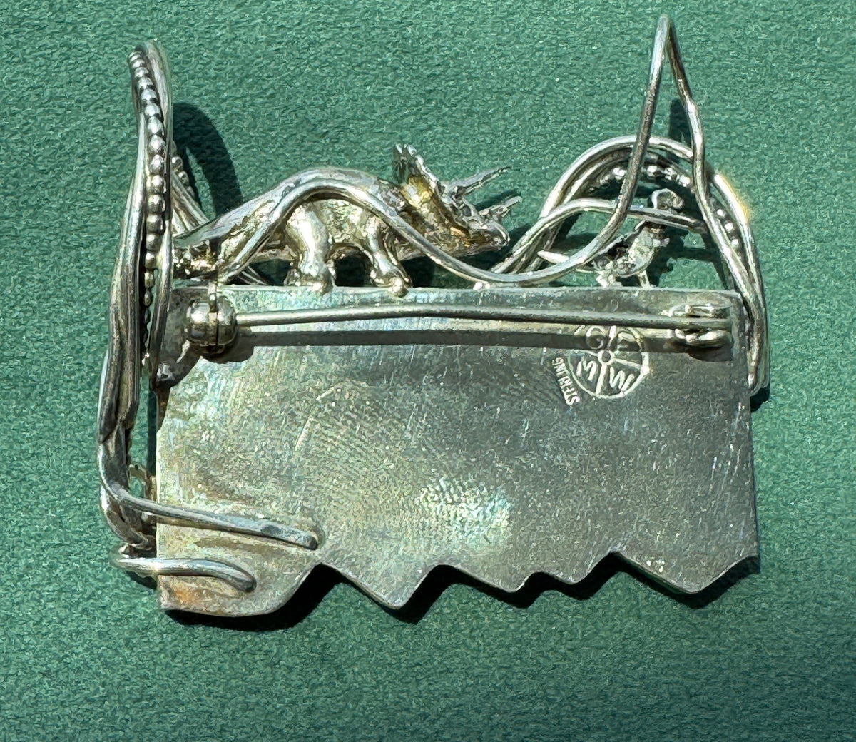 Vintage Sterling Silver Great Falls Metal Works Triceratops Malachite Brooch & Pendant