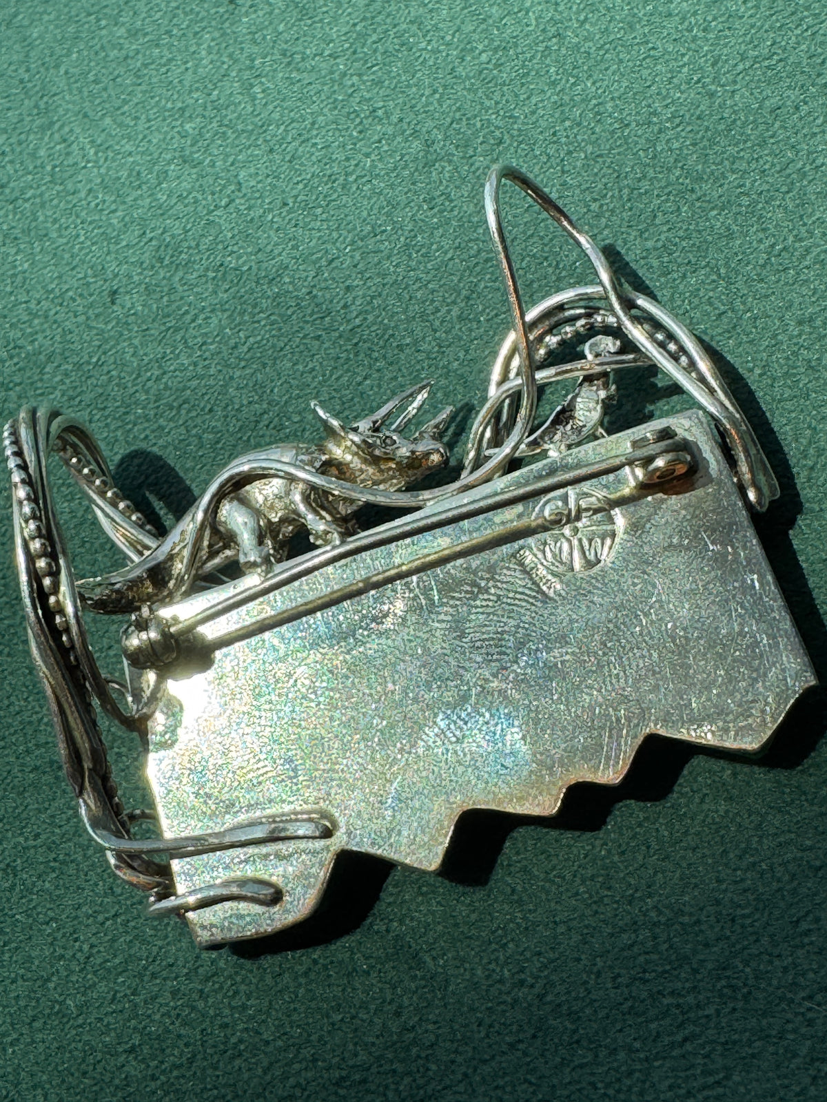 Vintage Sterling Silver Great Falls Metal Works Triceratops Malachite Brooch & Pendant
