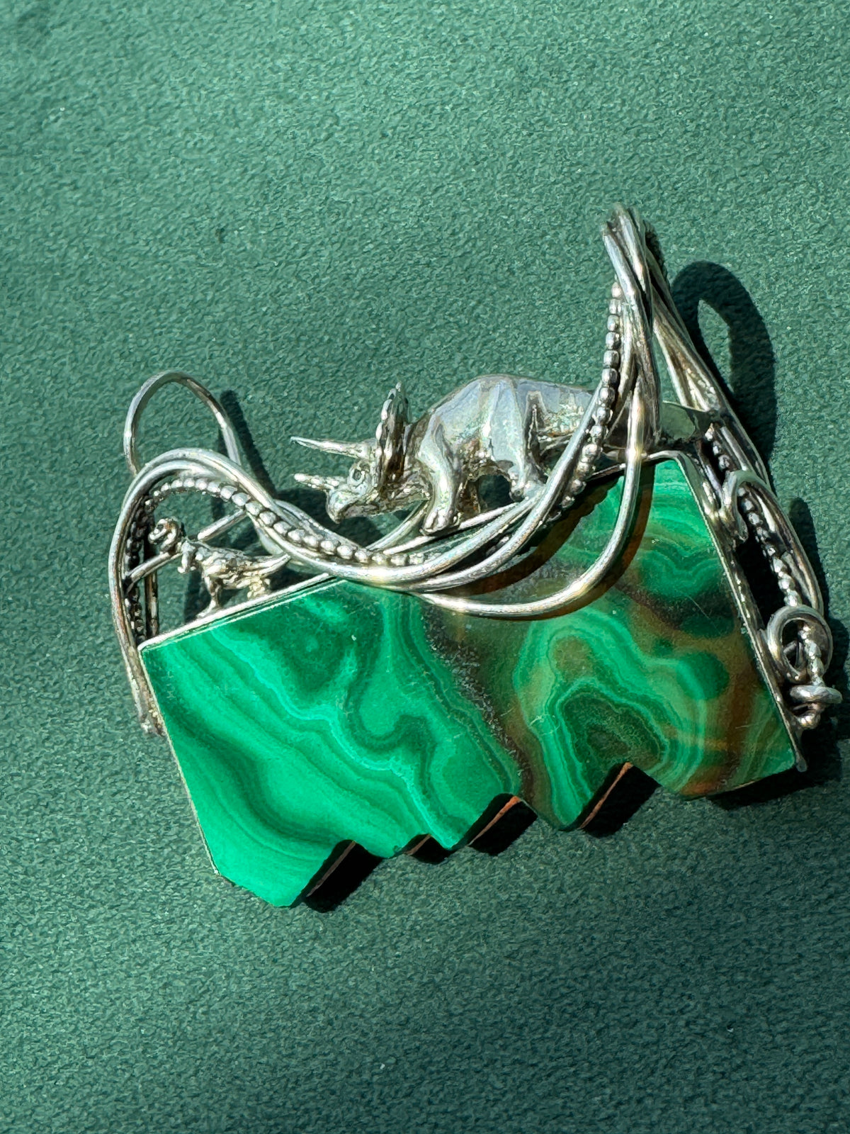 Vintage Sterling Silver Great Falls Metal Works Triceratops Malachite Brooch & Pendant
