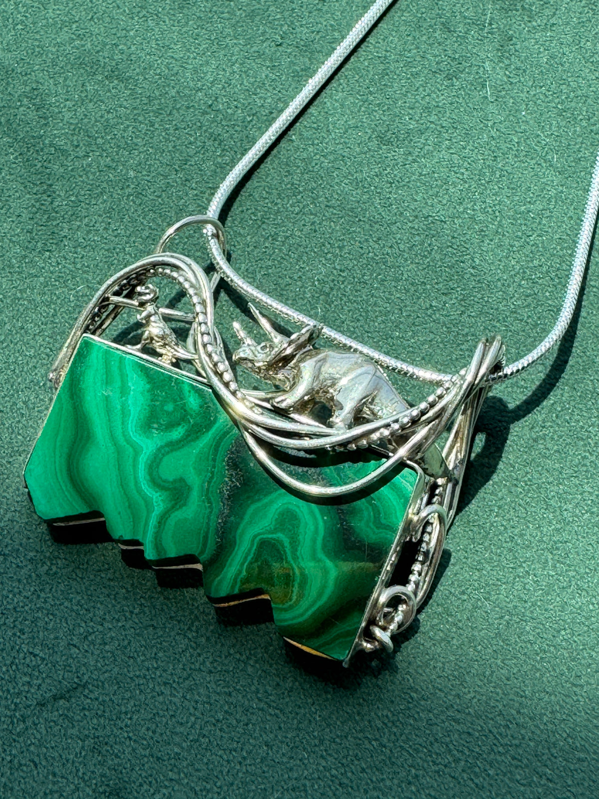 Vintage Sterling Silver Great Falls Metal Works Triceratops Malachite Brooch & Pendant
