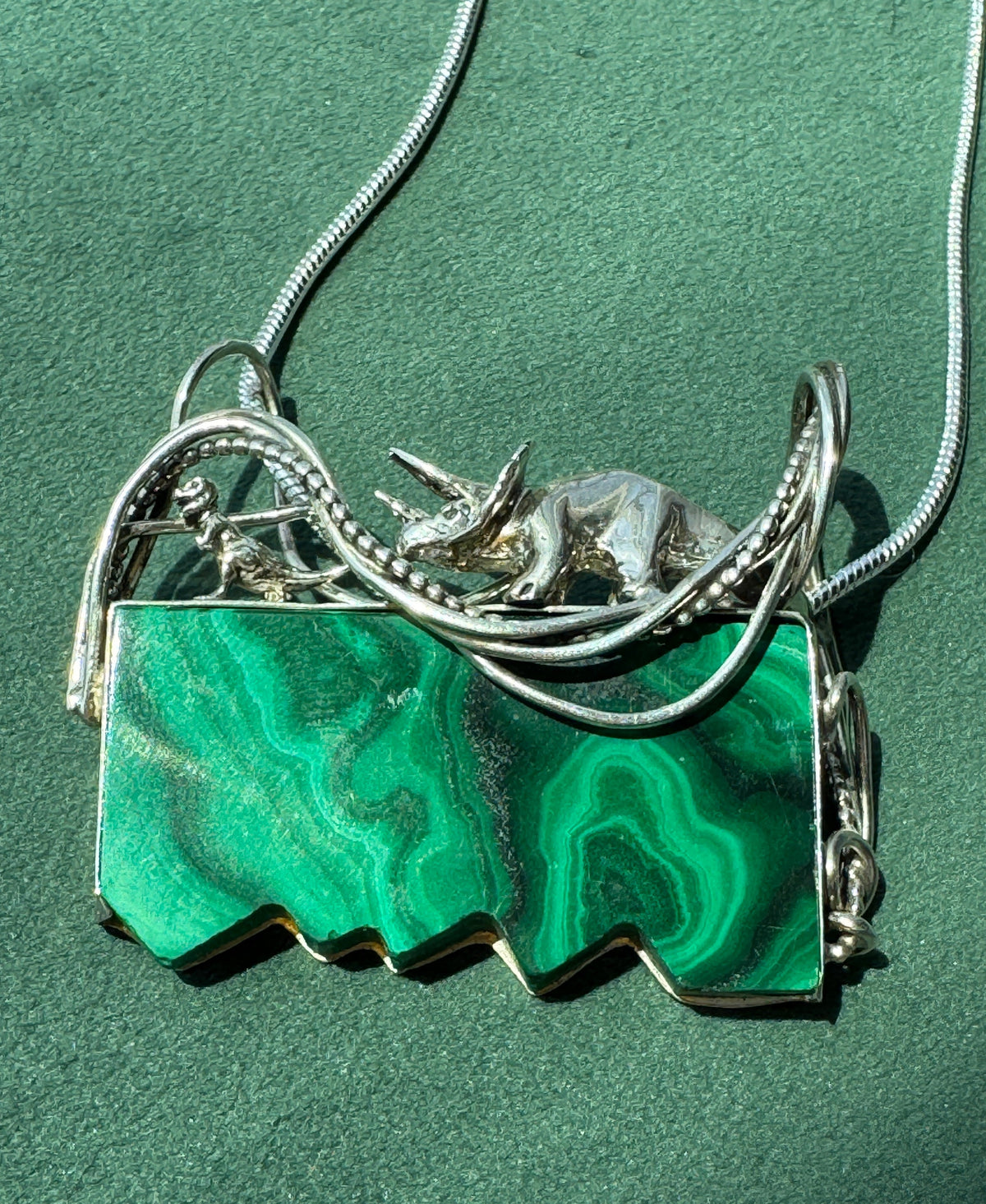 Vintage Sterling Silver Great Falls Metal Works Triceratops Malachite Brooch & Pendant
